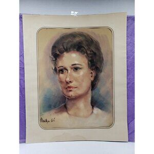 Original Pastel Drawing 1960s Sad Brunette Lady Portrait - Signed Marilyn '65